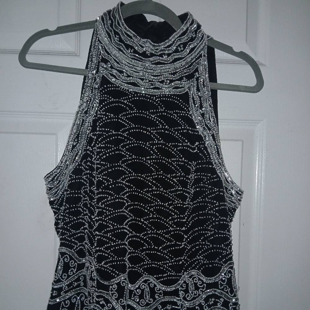 Papell Boutique Black Halter Top with Silver Bead Embellishment